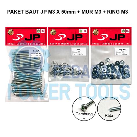 Jual PAKET 3 SET JP M 3x50 BAUT MUR RING PLAT M 3 X 50 MUR M3 ISI 100