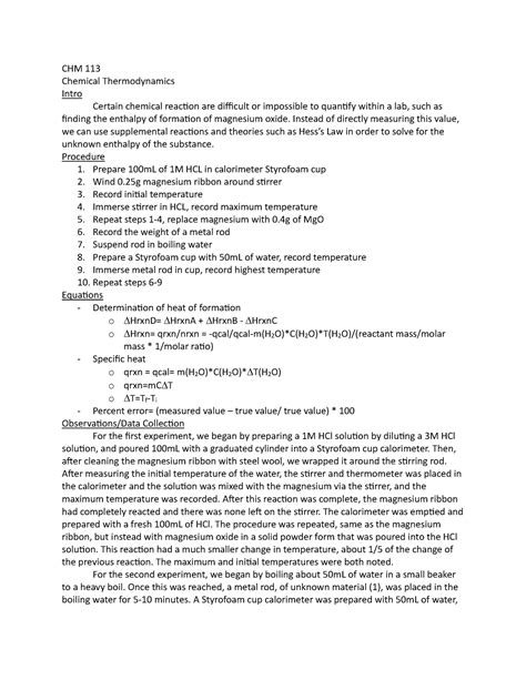 Lab 4 Thermodynamics CHM 113 Chemical Thermodynamics Intro Certain