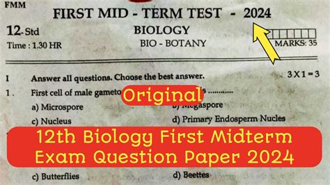 12th Biology First Midterm Exam Original Question Paper 2024 Youtube