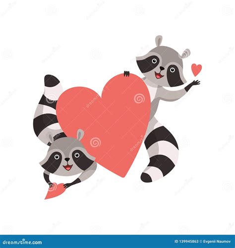 Cute Little Raccoons Holding Big Red Heart Funny Humanized Grey Coon