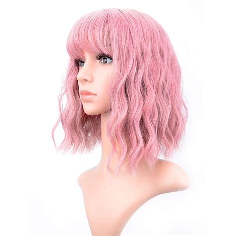 Vckovcko Vckovcko Pastel Wavy Wig With Air Bangs Womens Short Bob Pink Wig Curly Wavy