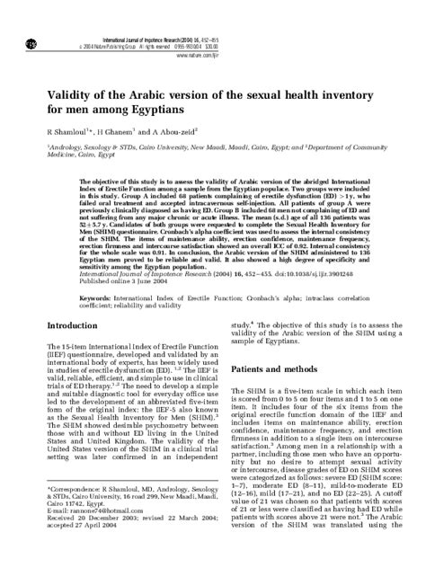 Pdf Validity Of The Arabic Version Of The Sexual Health Inventory For Men Among Egyptians