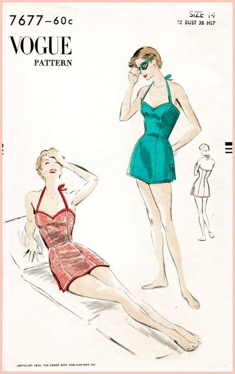 1950s 50s Vintage Vogue 7677 Sewing Pattern Bust 34 One Piece Swim