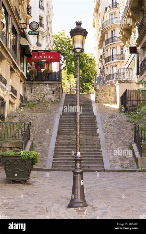 Paris Montmartre Street Stairs Leading To The Refuge Cafe On Rue