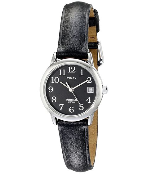 New Ladies Timex Easy Reader Black Leather Strap Watch T2n525