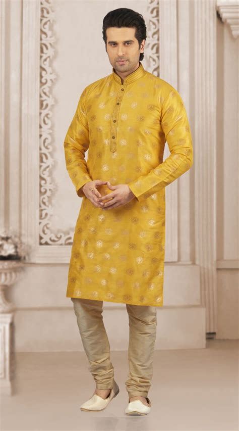 Yellow Jacquard Silk Brocade Wedding Wear Kurta Pajama For Haldi