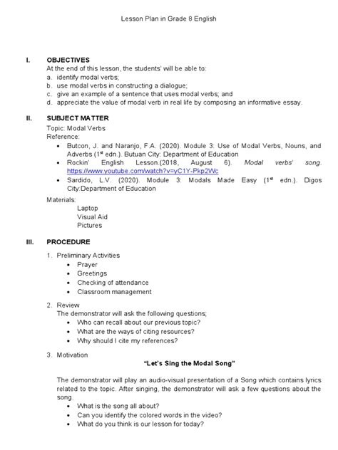 Lesson Plan In Grade 8 English Modals Pdf Verb English Language