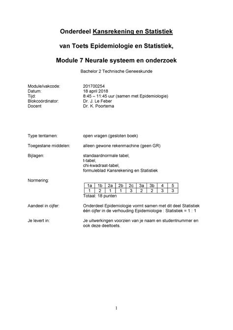Deeltoets Statistiek 2018 Onderdeel Kansrekening En Statistiek Van