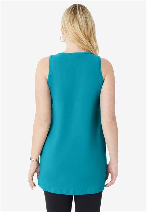 Fashionable Button Front Henley Ultimate Tunic Tank Deep Turquoise