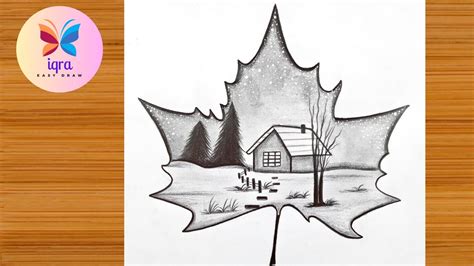 How To Draw Scenery Inside Maple Leaf With Pencil Sketch Maple Leaf