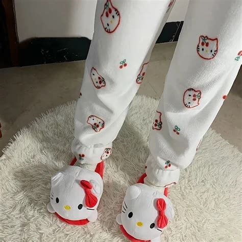 Hello Kitty Pajamas Pants Sanrio Anime Flannel Ruffles Kawaii Cartoon