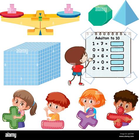 Math Classroom Objects With Supplies And Students Illustration Stock