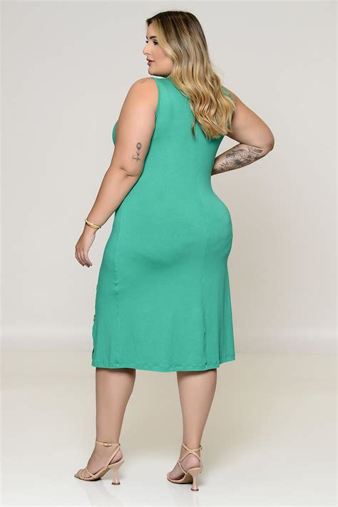 Vestido Plus Size Verde Com Cinto Embutido Vk Moda Plus Size