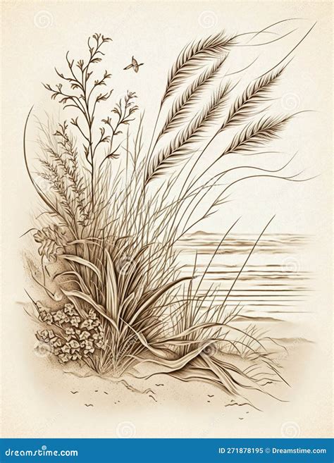 Beach Sea Grass Pencil Sketch On White Background Generative Ai Stock Illustration