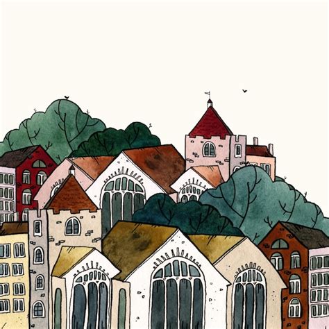Hand Gezeichnete Aquarellillustration Der Stadtstadt Altstadt Altstadtlandschaft Mit Turm