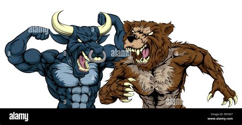 A cartoon bear fighting a cartoon bull mascot character standing for ...