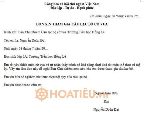 Mẫu Chuẩn Viết đơn Xin Tham Gia Câu Lạc Bộ Em Yêu Thích Lớp 4