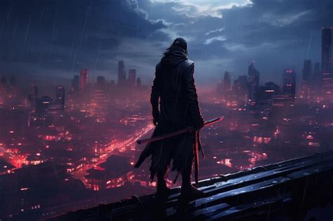 Futuristic Samurai Standing On A Building In Cyberpunk City At Rainy