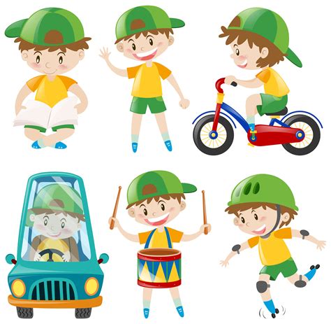 Boy With Green Hat Doing Different Things 381403 Vector Art At Vecteezy