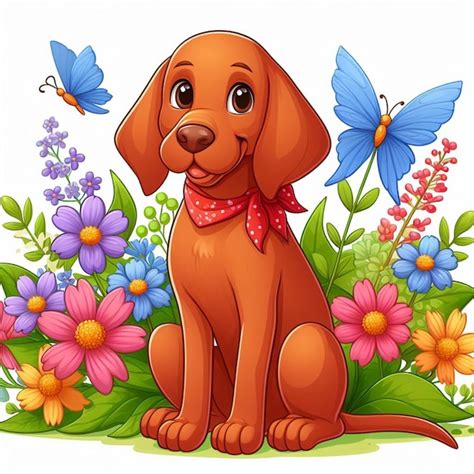 El Lindo Perro Vizsla Y Las Flores Ilustración De Dibujos Animados Vectoriales Vector Premium