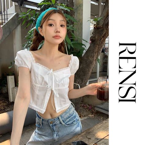 Áo croptop ren kiểu nữ RENSI cúp ngực tay phồng phối nơ màu trắng phong