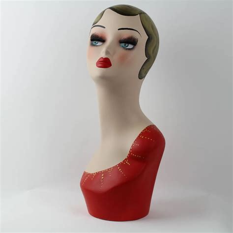 Vintage Hand Painted Female Head Mannequin With Red Cloth For Hat