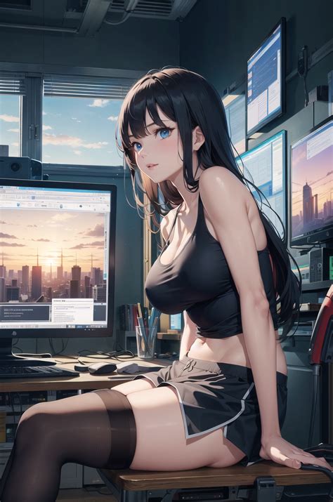 Boobs Blue Eyes Sitting Thighs Long Hair Looking At Viewer Ai Art