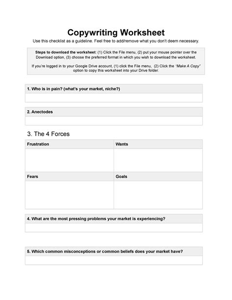 Copywriting Worksheet - Feel free to add/remove what you don’t deem ...