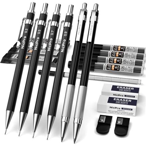 Nicpro 6 Pcs Art Mechanical Pencils Set Black Metal Drafting Pencil 0