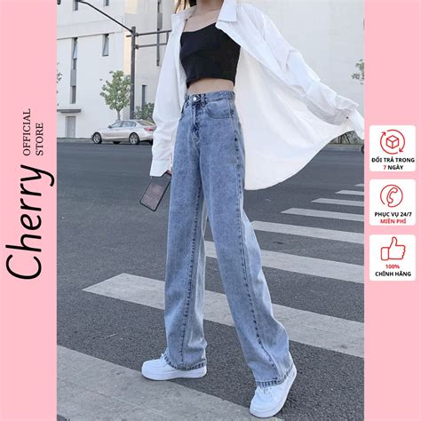 Quần Bò ống Rộng Nữ Cạp Cao Cherry Quần Jeans ống Rộng Lưng Cao Vải Bò Dày đẹp Không Giãn