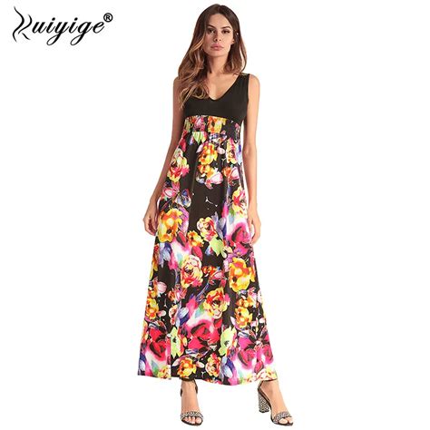 Ruiyige Boho Print Floral Sleeveless Maxi Dress Deep V Neck Tank Summer