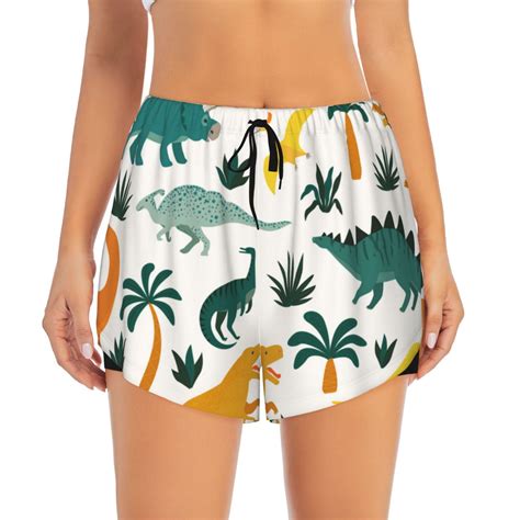 Running Shorts For Women Dinosaurs And Tropical Leaves Workout