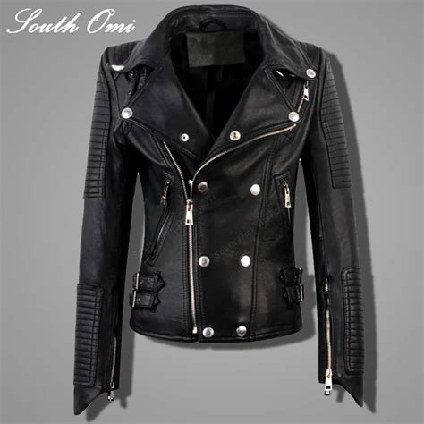 Chaqueta De Cuero Genuino Para Mujer Piel De Oveja Real Punk Rock