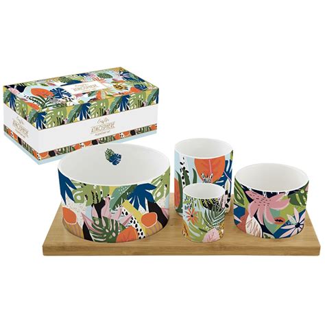 TROPICAL VIBES Set 4 bols coupelles apéritives Porcelaine sur plateau