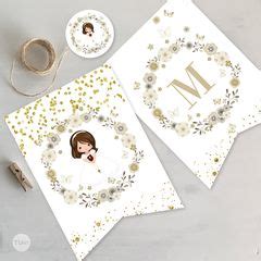 Kit Imprimible Bautismo Comuni N Nena Flores Glitter Dorado Tukit En