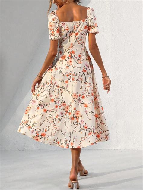 Shein Vcay Floral Print Square Neck Puff Sleeve Split Hem Dress Shein Usa