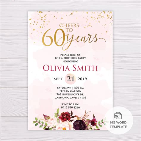 60th Birthday Invitation Template Cheers To 60 Years Dgtally