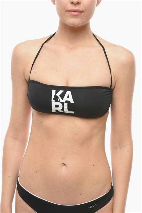 Karl Lagerfeld Solid Color Bandeau Bikini Top With Printed Contrasting