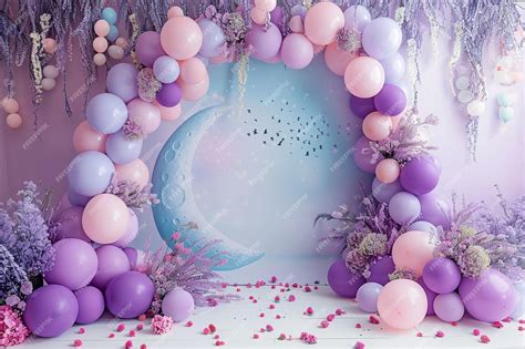 Premium Photo A Purple And Pink Balloon Arch With Flowers And