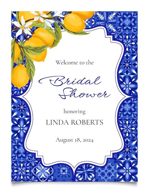 Premium Vector Blue Tiles And Lemons Bridal Shower Invitation