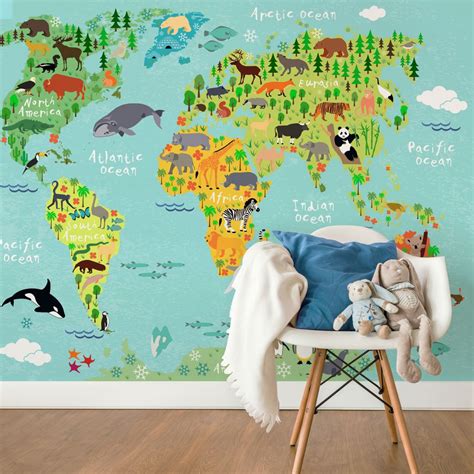 Papier Peint Photo Enfants Bestiaux Carte Du Monde Wall Art Fr