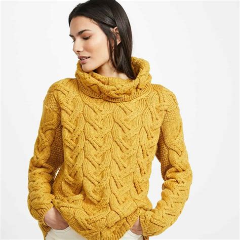 Super Soft Chunky Cable Cowl Neck Sweater Yellow Celtic Clothing