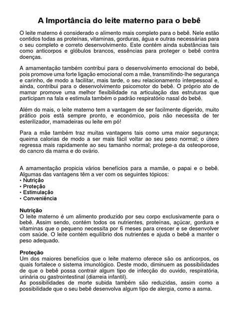 Qual É A Importância Do Leite Materno Para O Bebê - Benefícios do Leite Materno para Bebês | PDF | Amamentação | Leite materno