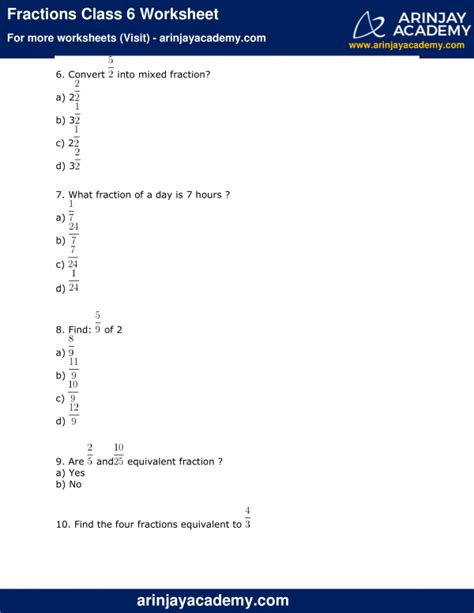 Fractions Class 6 Worksheet Maths Arinjay Academy