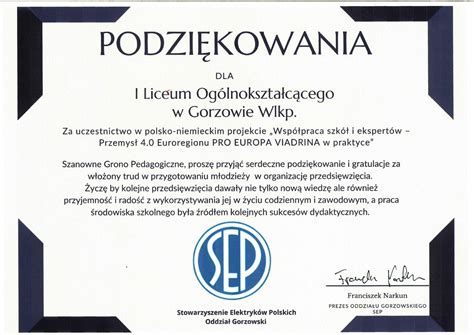 Podziękowania dla I LO za udział w polsko niemieckim projekcie Zespół