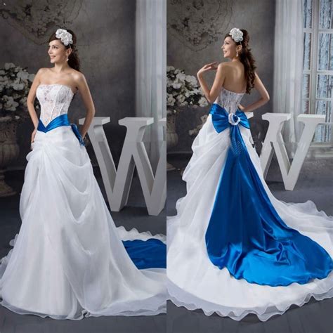 2014 Elegant Sexy See Through Lace Ribbon Sash Royal Blue And White Wedding Dresses In Wedding