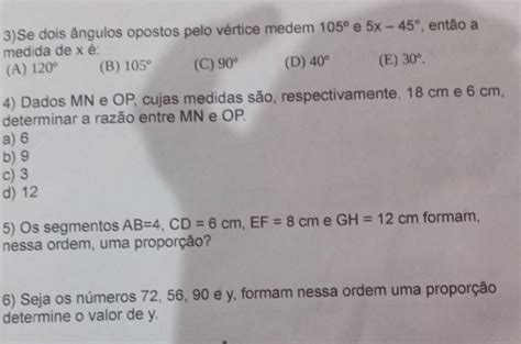 Solved 3 Se Dois ângulos Opostos Pelo Vértice Medem 105° E 5x 45