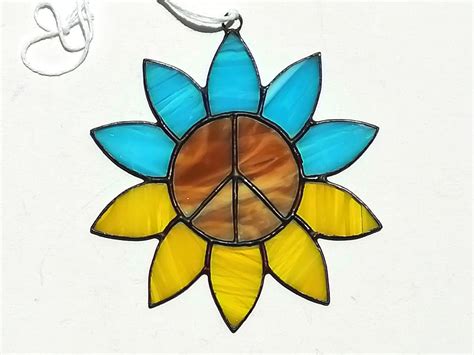 Ukrainian Sunflower Stained Glass Ukraine Suncatcher With Peace Sign Etsy