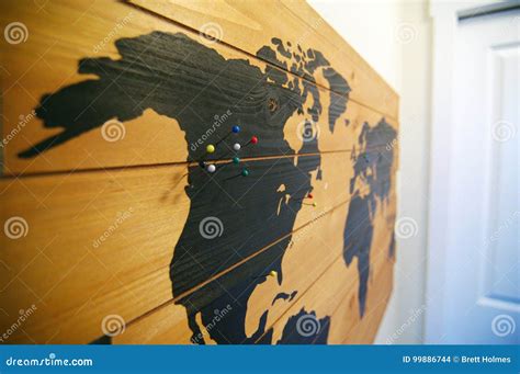 Wood wall map with pins stock photo. Image of business - 99886744