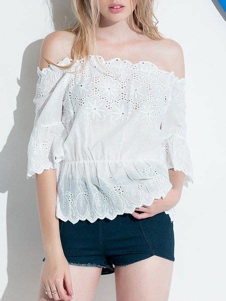 Blusa Hombro Al Aire Manga Media Encaje Blanco Spanish Shein Sheinside